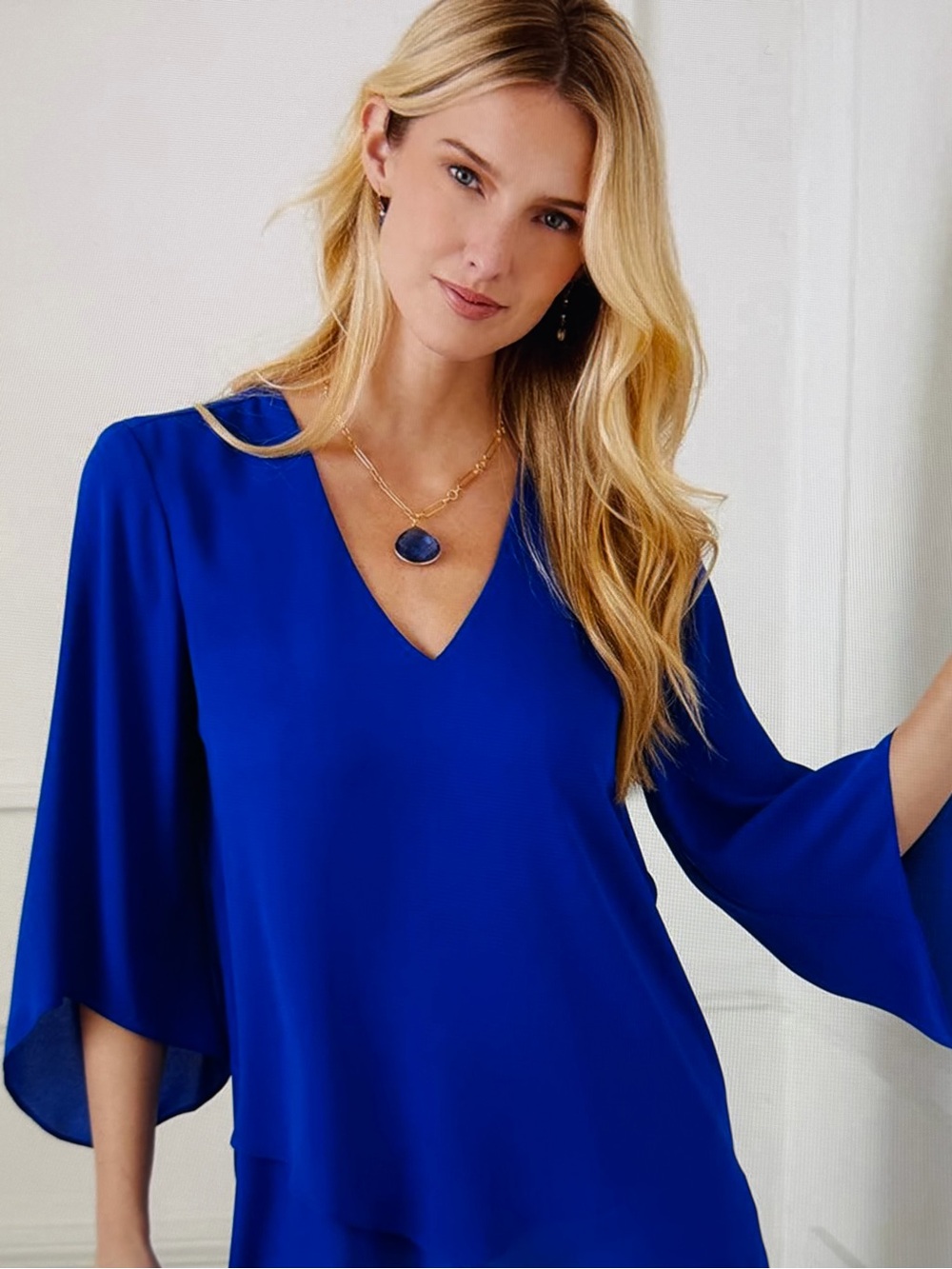 Karen Kane Cobalt V-Neck Bell Sleeve Top - Women Large